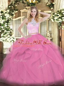 Rose Pink Tulle Zipper Ball Gown Prom Dress Sleeveless Floor Length Lace and Ruffles
