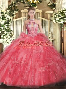 Floor Length Ball Gowns Sleeveless Coral Red Quinceanera Dresses Lace Up
