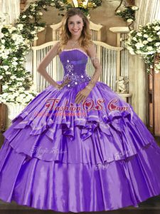 Beautiful Strapless Sleeveless Lace Up Quinceanera Dresses Lavender Organza and Taffeta