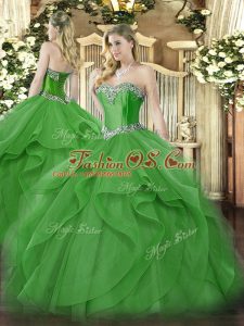 Green Tulle Lace Up Sweetheart Sleeveless Floor Length Sweet 16 Dress Beading and Ruffles