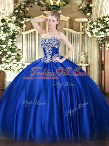 Best Royal Blue Satin Lace Up Strapless Sleeveless Floor Length Quince Ball Gowns Beading