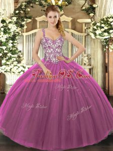 Purple Tulle Lace Up Straps Sleeveless Floor Length Sweet 16 Dresses Beading and Appliques