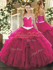 Deluxe Sweetheart Sleeveless Vestidos de Quinceanera Floor Length Appliques and Ruffles Hot Pink Organza