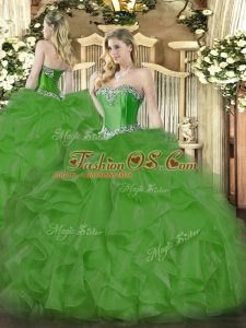 Amazing Floor Length Lace Up Quinceanera Dress Green for Military Ball and Sweet 16 and Quinceanera with Beading and Ruffles