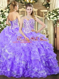 Hot Selling Lavender Organza Lace Up Sweet 16 Quinceanera Dress Sleeveless Floor Length Beading and Ruffled Layers