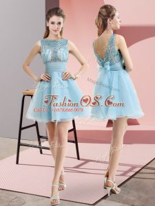 Fantastic Aqua Blue Prom Dress Prom and Party with Beading and Belt Bateau Sleeveless Backless