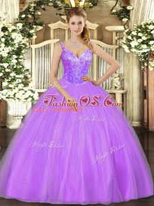 Charming Lavender Tulle Lace Up V-neck Sleeveless Floor Length Sweet 16 Dresses Beading