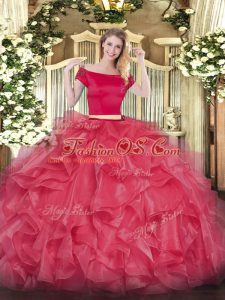 Unique Floor Length Zipper Sweet 16 Dresses Coral Red for Military Ball and Sweet 16 and Quinceanera with Appliques and Ruffles