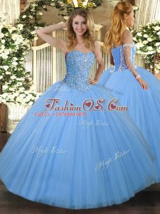 New Arrival Sleeveless Tulle Floor Length Lace Up Quinceanera Gown in Aqua Blue with Beading