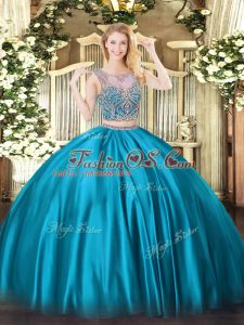 Dazzling Baby Blue Satin Lace Up Quinceanera Dress Sleeveless Floor Length Beading