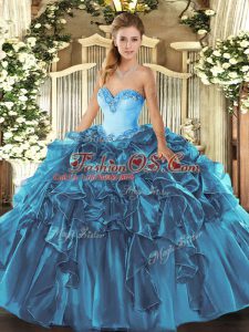 Teal Ball Gowns Sweetheart Sleeveless Organza Floor Length Lace Up Beading and Ruffles Sweet 16 Dress