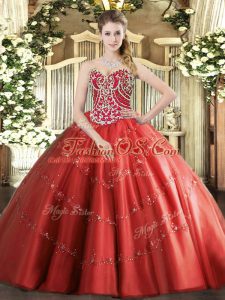 Red Sleeveless Tulle Lace Up Ball Gown Prom Dress for Military Ball and Sweet 16 and Quinceanera