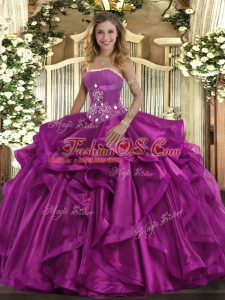 Fuchsia Organza Lace Up Strapless Sleeveless Floor Length 15th Birthday Dress Beading and Ruffles