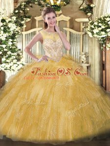 Sleeveless Organza Floor Length Zipper Quince Ball Gowns in Gold with Beading and Ruffles