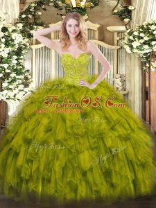 Elegant Olive Green Lace Up Sweet 16 Dress Beading and Ruffles Sleeveless Floor Length