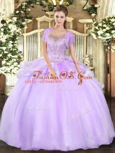 Floor Length Clasp Handle Sweet 16 Dresses Lavender for Military Ball and Sweet 16 and Quinceanera with Beading and Ruffles