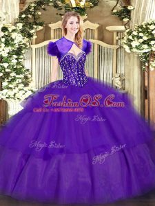 Stylish Sweetheart Sleeveless Quince Ball Gowns Floor Length Ruffled Layers Purple Tulle