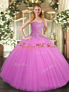 Beautiful Floor Length Lace Up 15th Birthday Dress Lilac for Military Ball and Sweet 16 and Quinceanera with Beading