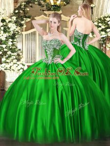 Perfect Sleeveless Satin Floor Length Lace Up Quince Ball Gowns in Green with Beading