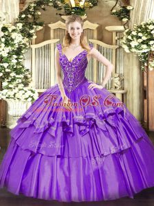 Popular Lavender Lace Up Quinceanera Dress Beading and Ruffled Layers Sleeveless Floor Length