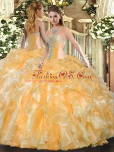 Fantastic Gold Sweetheart Lace Up Beading and Ruffles Quinceanera Gowns Sleeveless