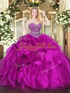 High End Organza Sweetheart Sleeveless Lace Up Beading and Ruffles Ball Gown Prom Dress in Fuchsia