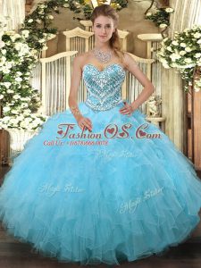 Edgy Aqua Blue Lace Up Sweetheart Beading and Ruffles 15 Quinceanera Dress Tulle Sleeveless