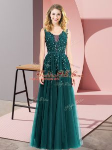 Sleeveless Tulle Floor Length Backless Prom Dresses in Turquoise with Beading and Appliques