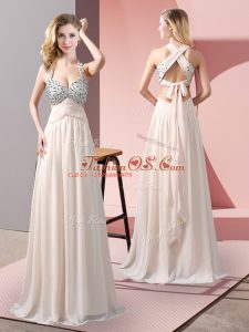 Trendy Champagne Empire Beading Casual Dresses Criss Cross Chiffon Sleeveless Floor Length