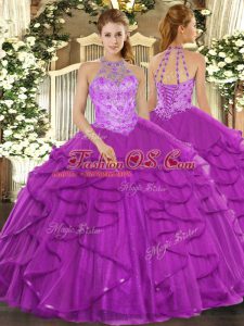 Purple Sleeveless Organza Lace Up Quinceanera Dresses for Military Ball and Sweet 16 and Quinceanera
