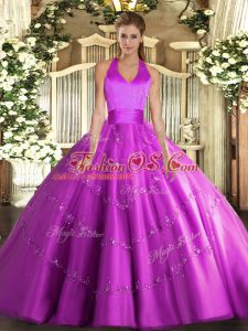 Cheap Floor Length Lace Up Quinceanera Gown Fuchsia for Military Ball and Sweet 16 and Quinceanera with Appliques