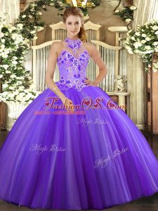 Stylish Floor Length Purple Sweet 16 Dresses Tulle Sleeveless Embroidery