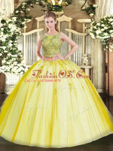 Traditional Yellow Lace Up Scoop Beading and Appliques Vestidos de Quinceanera Tulle Sleeveless