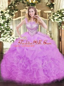 Nice Lilac Organza Lace Up Vestidos de Quinceanera Sleeveless Floor Length Beading and Ruffles and Pick Ups