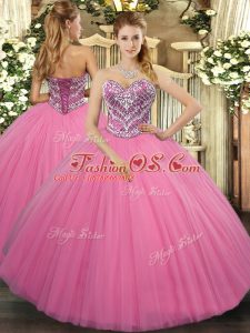 Floor Length Rose Pink Quinceanera Dresses Tulle Sleeveless Beading