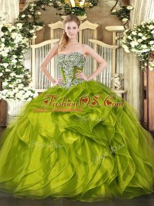 Ball Gowns Sweet 16 Dresses Olive Green Strapless Organza Sleeveless Floor Length Lace Up