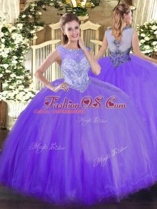 Lavender Ball Gowns Beading Sweet 16 Dress Zipper Tulle Sleeveless Floor Length