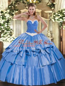 Beautiful Floor Length Lace Up Vestidos de Quinceanera Blue for Military Ball and Sweet 16 and Quinceanera with Appliques and Ruffled Layers