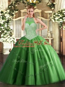Wonderful Halter Top Sleeveless Tulle Quinceanera Dress Beading and Appliques Lace Up