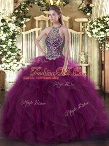 Fuchsia Halter Top Lace Up Beading Quince Ball Gowns Sleeveless