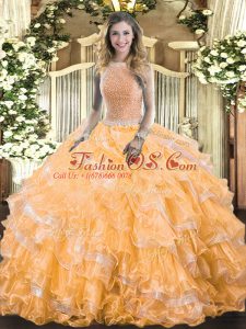 Luxury Orange Ball Gowns Organza High-neck Sleeveless Beading and Ruffled Layers Floor Length Lace Up Sweet 16 Dress