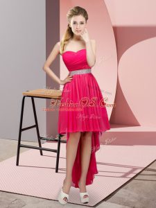 High End Hot Pink A-line Chiffon Sweetheart Sleeveless Beading High Low Lace Up Prom Gown