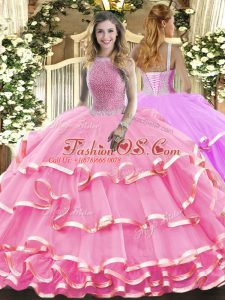 High-neck Sleeveless Lace Up Sweet 16 Dress Rose Pink Organza