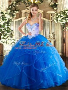 Unique Blue Lace Up 15th Birthday Dress Beading and Ruffles Sleeveless Floor Length