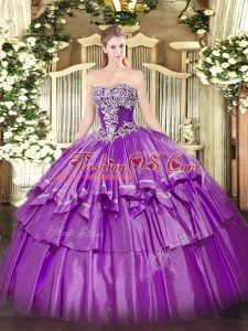 Flirting Strapless Sleeveless Lace Up Quinceanera Gowns Purple Organza and Taffeta