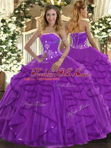 Glittering Strapless Sleeveless Tulle 15 Quinceanera Dress Beading and Ruffles Lace Up