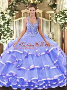Lavender Straps Lace Up Beading and Ruffled Layers Quinceanera Gowns Sleeveless