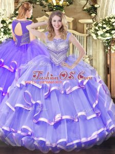 Lovely Scoop Sleeveless Vestidos de Quinceanera Floor Length Beading and Ruffled Layers Lavender Organza