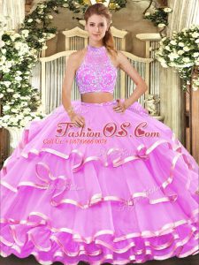 Fine Sleeveless Tulle Floor Length Criss Cross Sweet 16 Quinceanera Dress in Lilac with Beading and Ruffled Layers