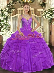 Eggplant Purple Ball Gowns Tulle V-neck Sleeveless Beading and Ruffles Floor Length Lace Up Quinceanera Gown